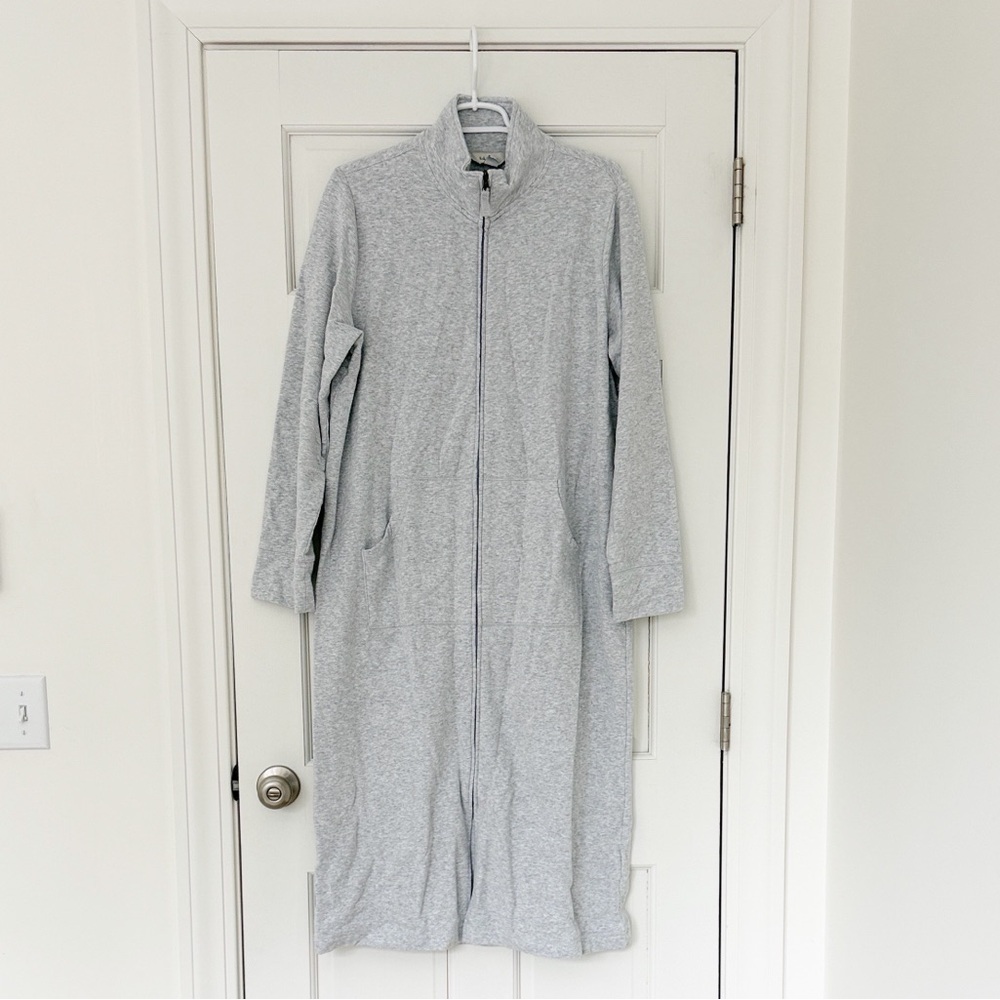 L.L.BEAN zip up lounge robe size M grey pockets cozy cotton